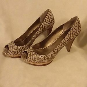 Faux leather snake peep toe heels